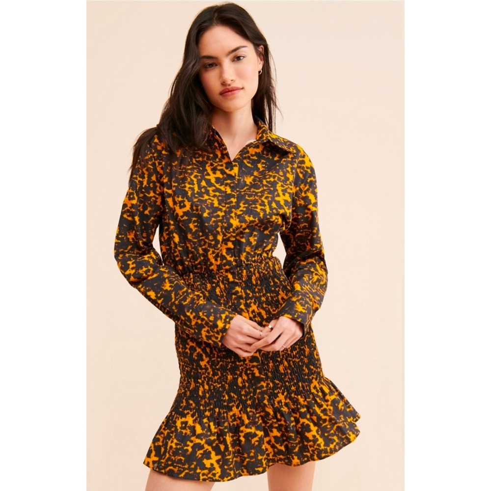 Third Form Womens US 2 XS Orange Black Blur Out Shirred Mini Dress Smocked Waist
